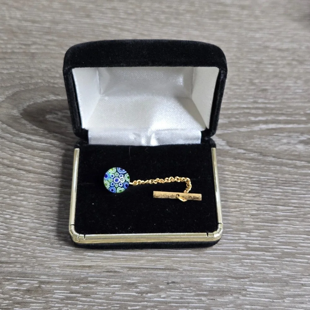 Vintage Millefiori Glass Mosaic Tie Tack Gold Tone Guard Chain Pin